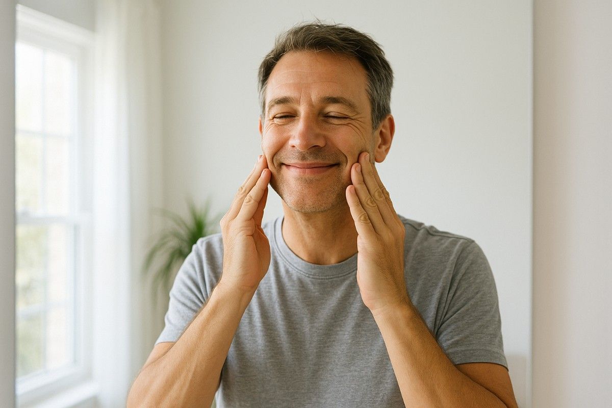 Smiling man touching cheeks indoors